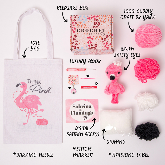 Crochet Society Amigurumi Crochet Kit: Sabrina the Flamingo | Menagerie Collection